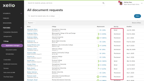 Add document requests page in Xello. Parchment entries in the "Send by" column are highlighted